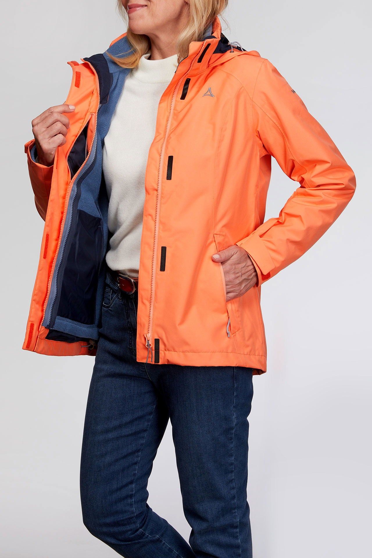 Detalj av glidelås på 3-i-1 funksjonsjakke for damer vanntett med fleece