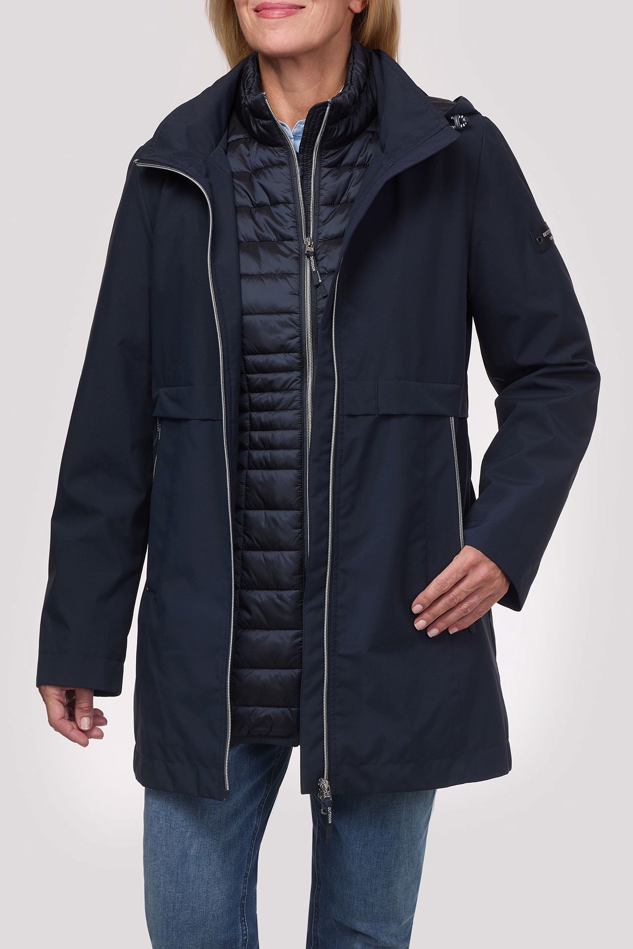 4-i-1 funksjonsjakke dame lang med avtagbart fôr forfra