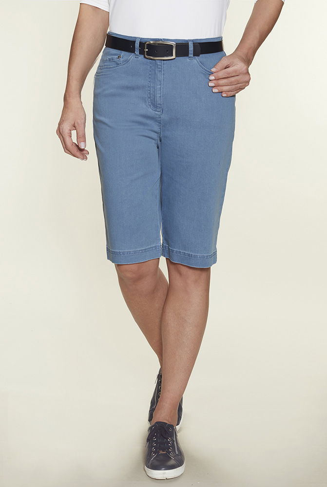 Anna Larssen jeans-bermuda for dame stretch denim 5-lommer detalj av lommer