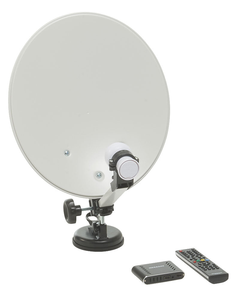 Antennekoffert med 35 cm parabolantenne og HD-mottaker forfra