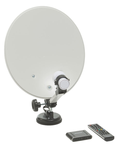 Antennekoffert med 35 cm parabolantenne og HD-mottaker forfra