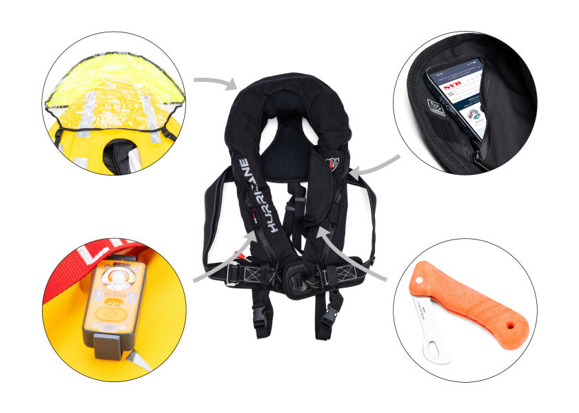 Detalj av dobbelt stegbelte på automatvest Hurricane EVO 160 N svart med sprayhood