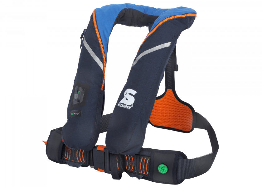 Detalj av sele på Automatvest SURVIVAL 220 blå/orange 220N m/sele polyester