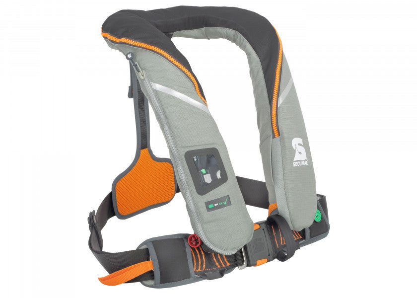 Detalj av klikk-lukking på Automatvest SURVIVAL 220 grå/orange 220N m/sele polyester