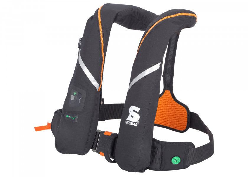 Detalj av klikklukking på Automatvest SURVIVAL 275 280 N svart/orange polyester