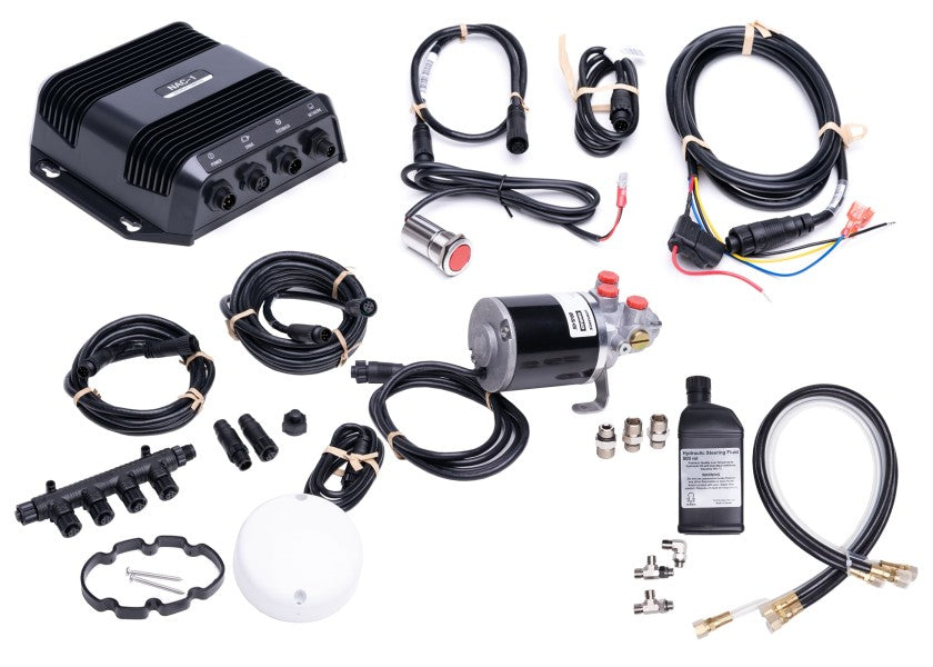 Oversikt over autopilotpakke for påhengsmotor med PUMP-1 og Point-1 GPS-antenne