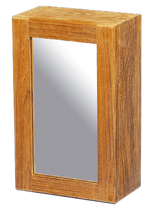 Baderomsskap med speil teak 28 x 38 cm justerbare hyller forfra