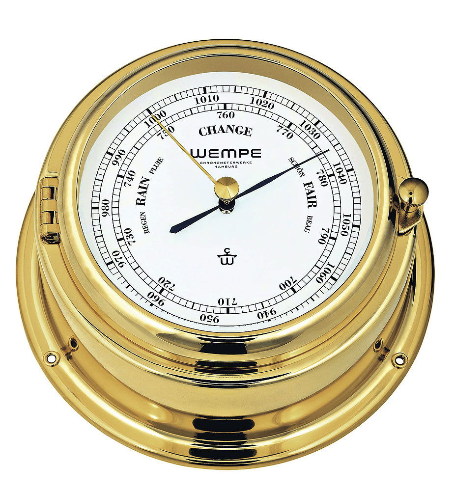 Barometer messing Ø 15 cm hektopascal og millimeter kvikksølv - Wempe forfra