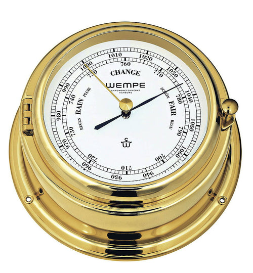 Barometer messing Ø 15 cm hektopascal og millimeter kvikksølv - Wempe forfra