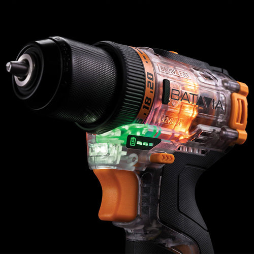 Batteridrill 12V børsteløs 35 Nm med batteri og lader bakside