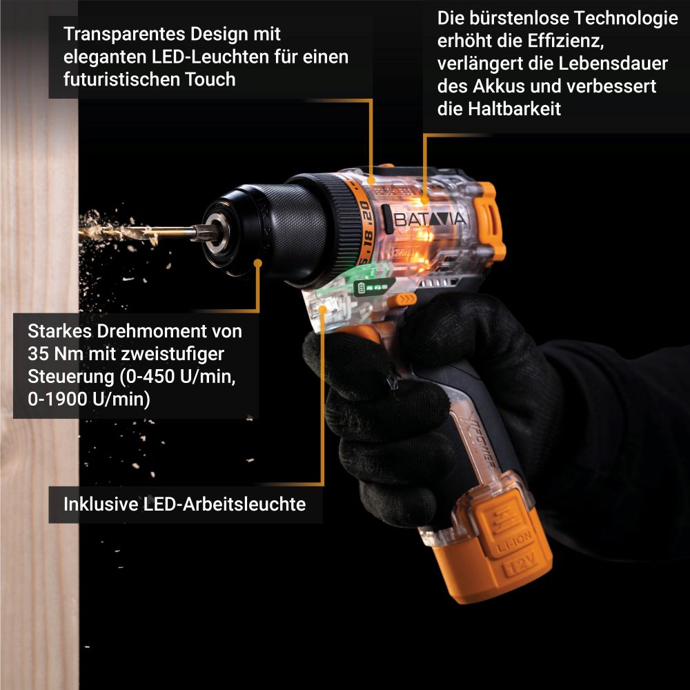 Detalj av Batteridrill 12V børsteløs 35 Nm med batteri og lader