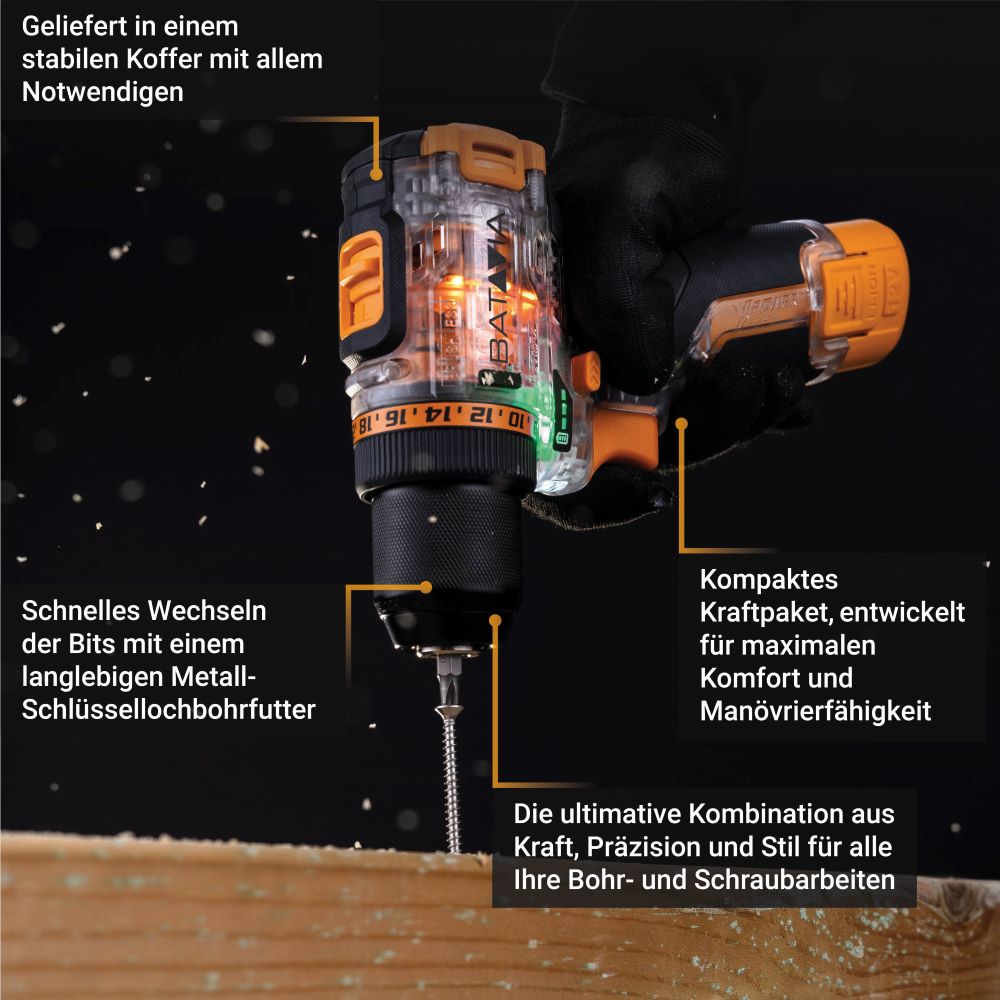 Batteridrill 12V børsteløs 35 Nm med batteri og lader montert i bruk