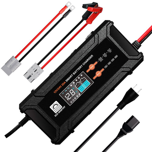 Batterilader 20A 12V/24V intelligent med autospenning forfra