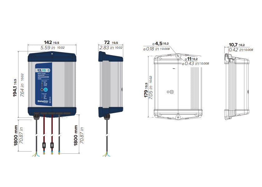 Batterilader PROLITE 12V 15A 2 utganger IP65 Bluetooth Dolphin bakside
