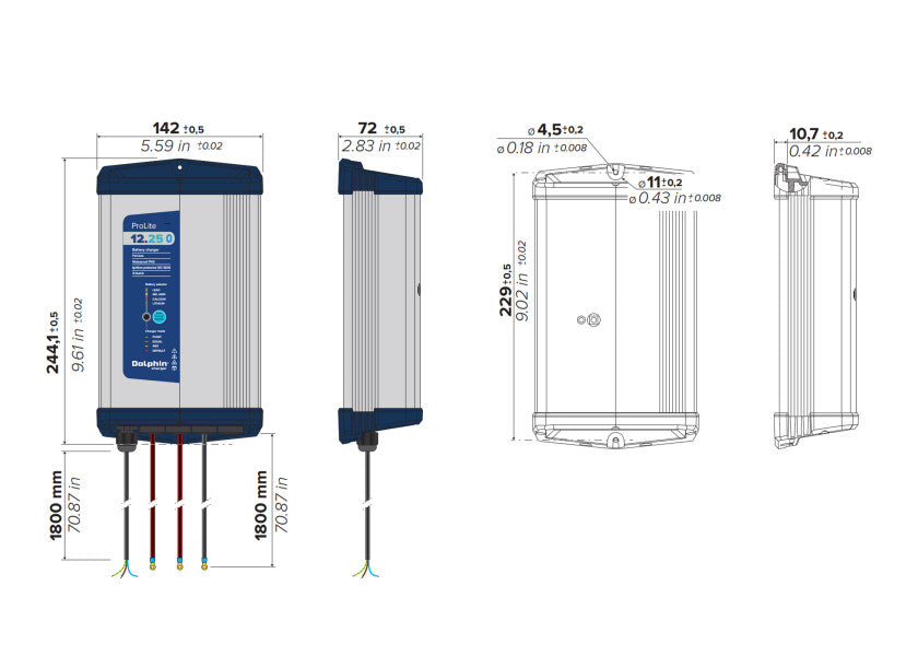 Batterilader PROLITE 12V 25A 3 utganger IP65 Bluetooth - Dolphin nærbilde av tilkoblinger
