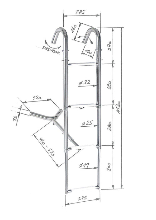 Baustige teleskopisk rustfritt stål 4 trinn 110 x 25 cm - Compass montert på båt
