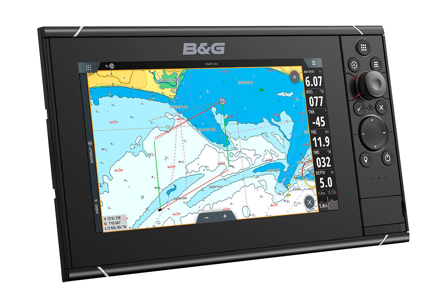 B&G Zeus 3 S 9 tommer kartplotter fra siden