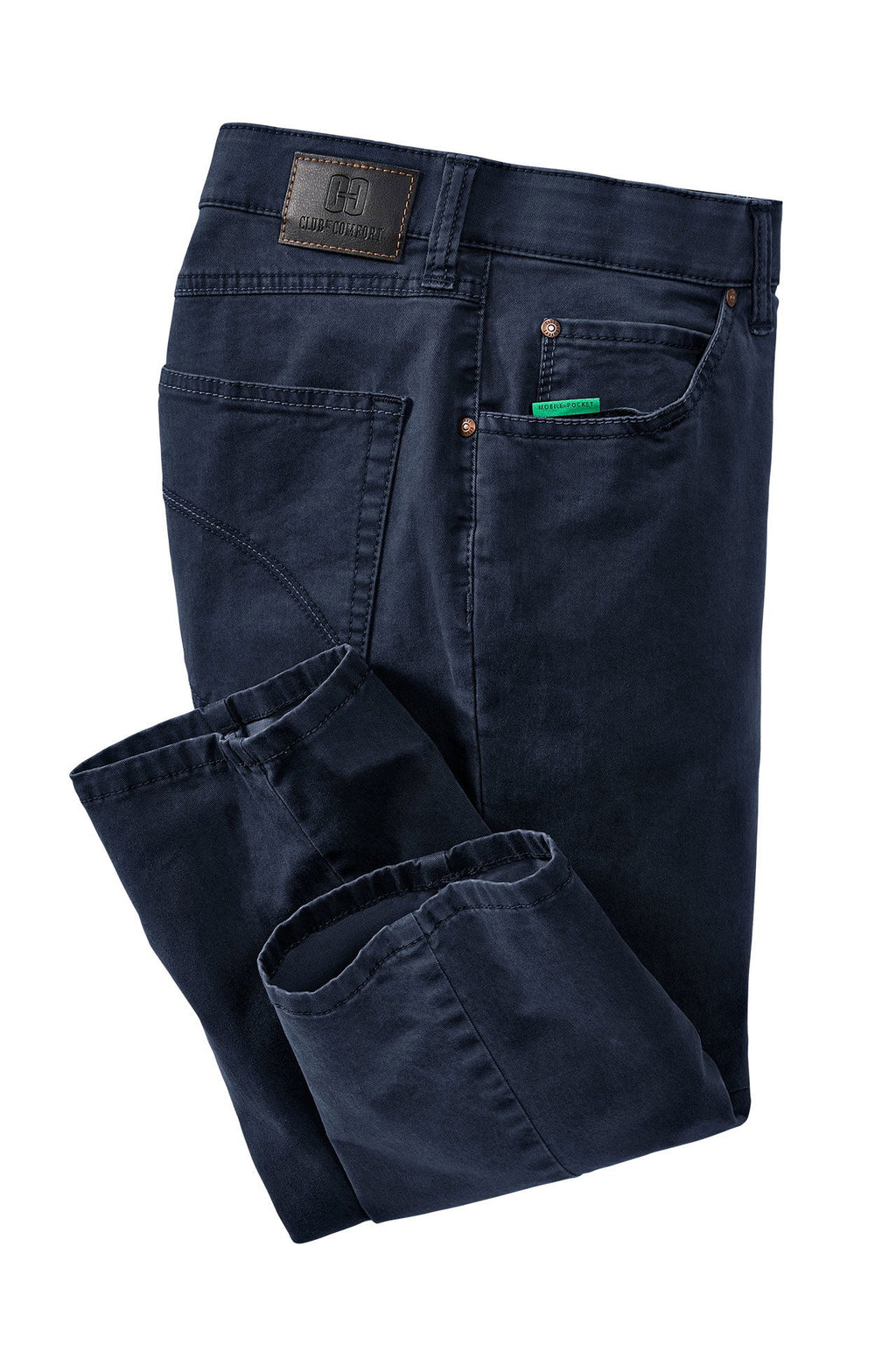 Nærbilde av stoff og sømmer på Bi-stretch jeans 5-lommer med mobillomme