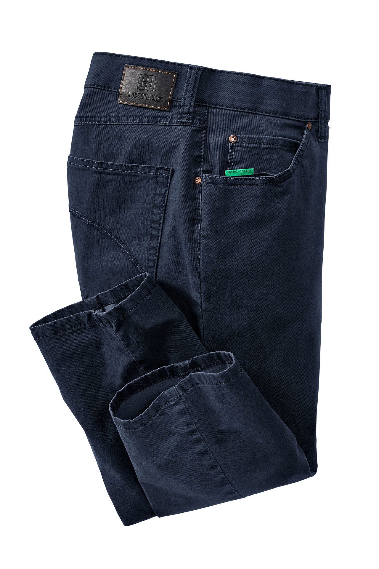 Nærbilde av stoff og sømmer på Bi-stretch jeans 5-lommer med mobillomme
