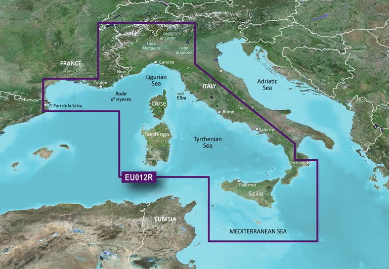 BlueChart g3 HXEU012R Italia vestkyst microSD SD sjøkart forfra