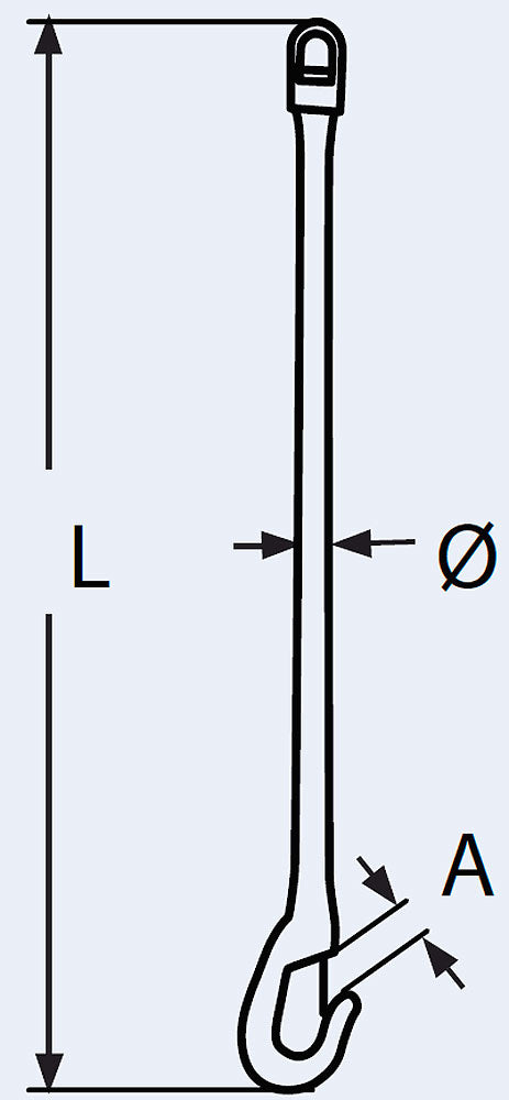 Bøyekrok med sikringskrok rustfritt stål AISI 316 90 cm detalj