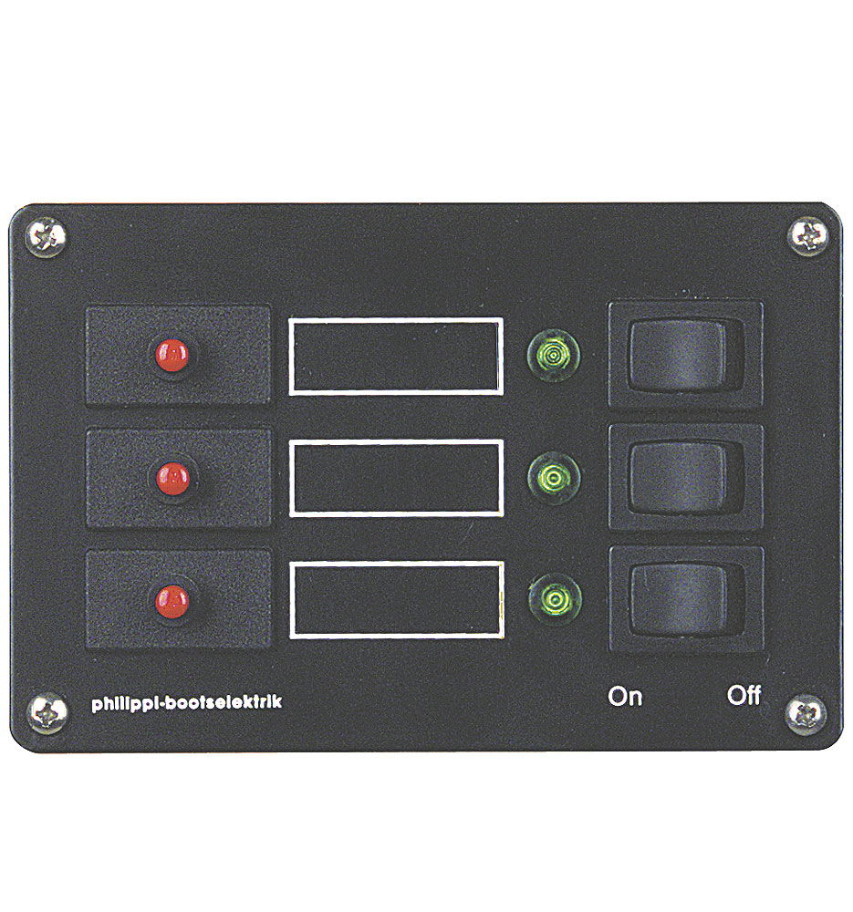 Bryterpanel 3 kretser 8A med LED og automatsikring 11x7 cm forfra
