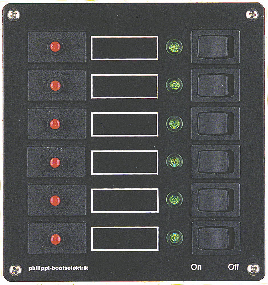 Bryterpanel 6 kretser 8A med LED og automatsikring forside