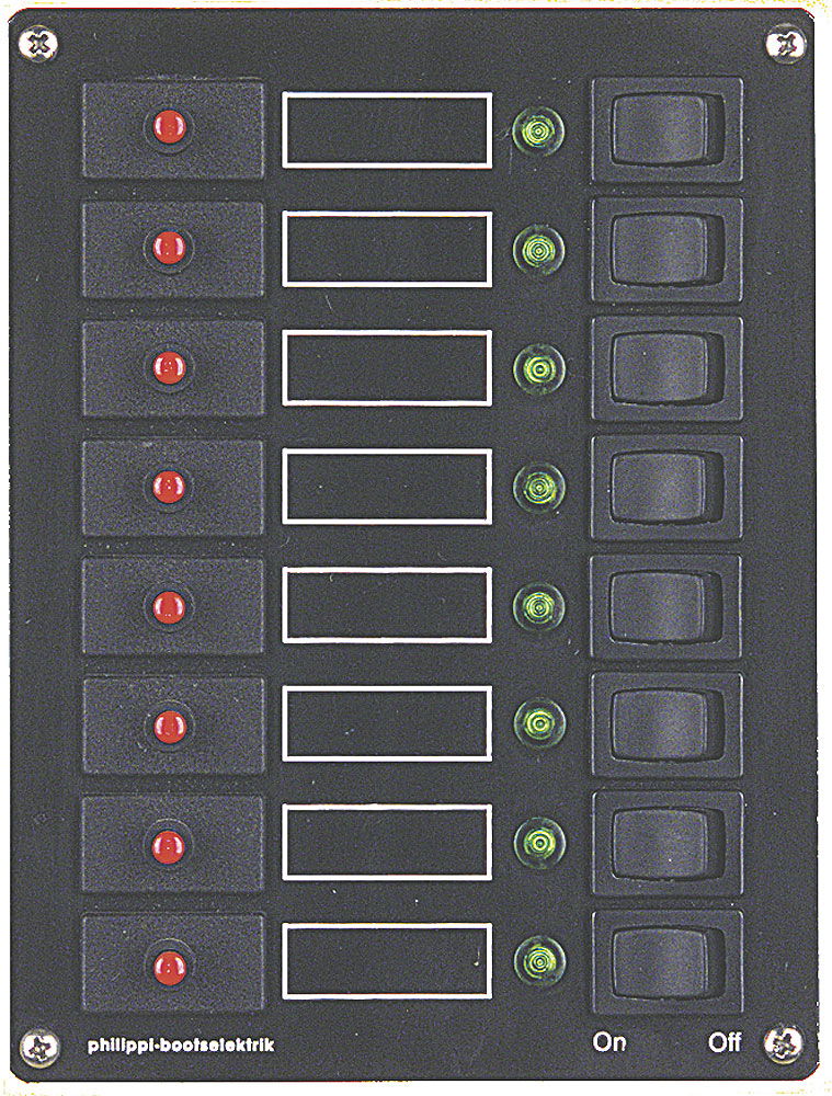 Bryterpanel 8 kretser med LED og termisk sikring 8A forfra