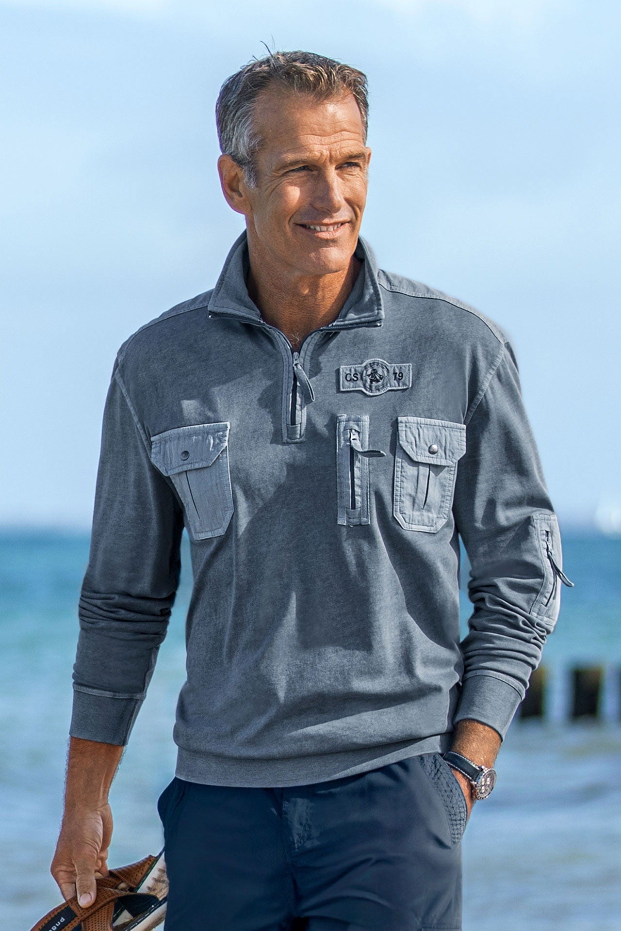 Capt. Scott steinvasket sweater bomull med stående krage forfra