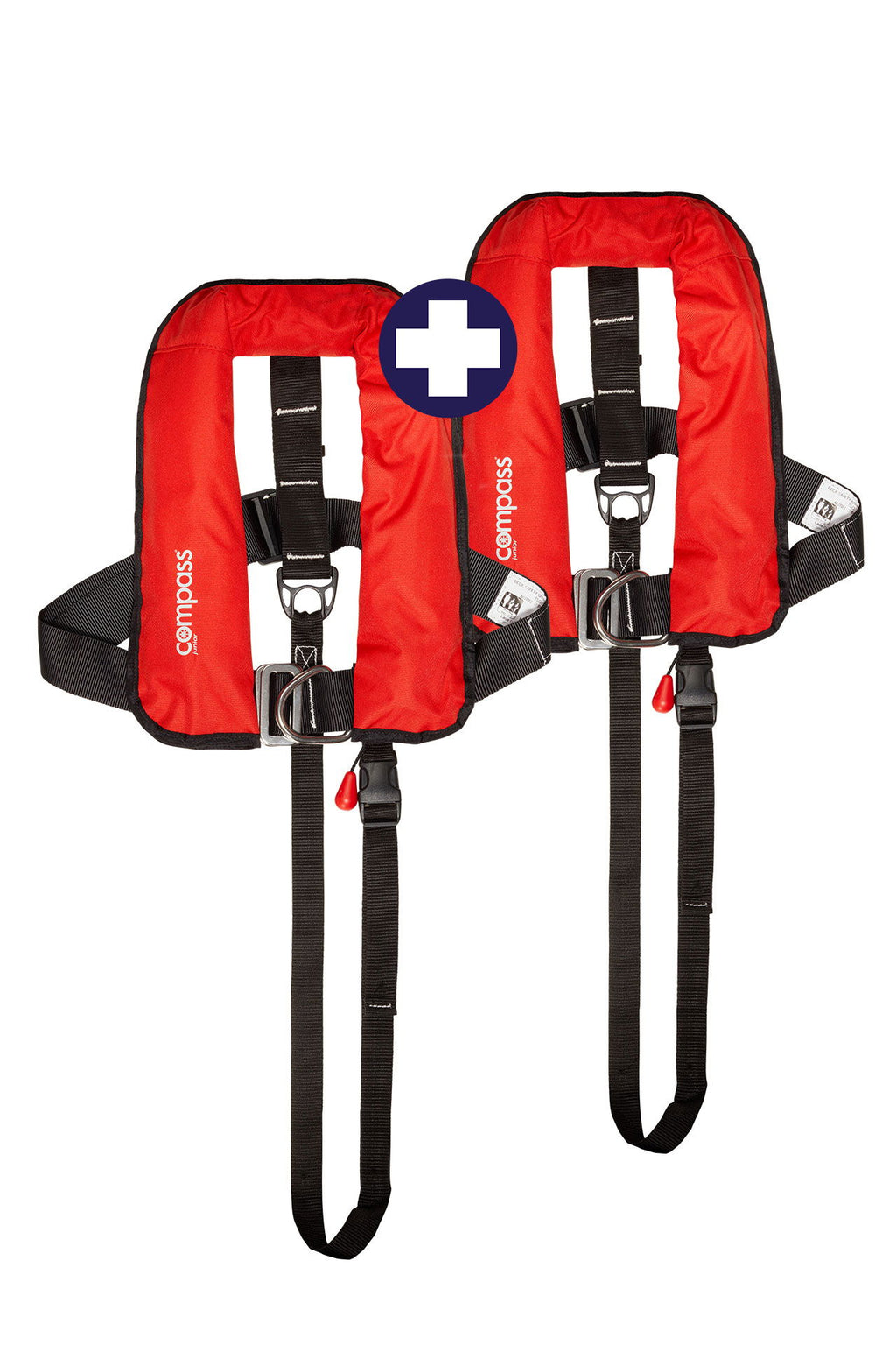 Compass Junior automatvest 150N med sele 2-pack forfra