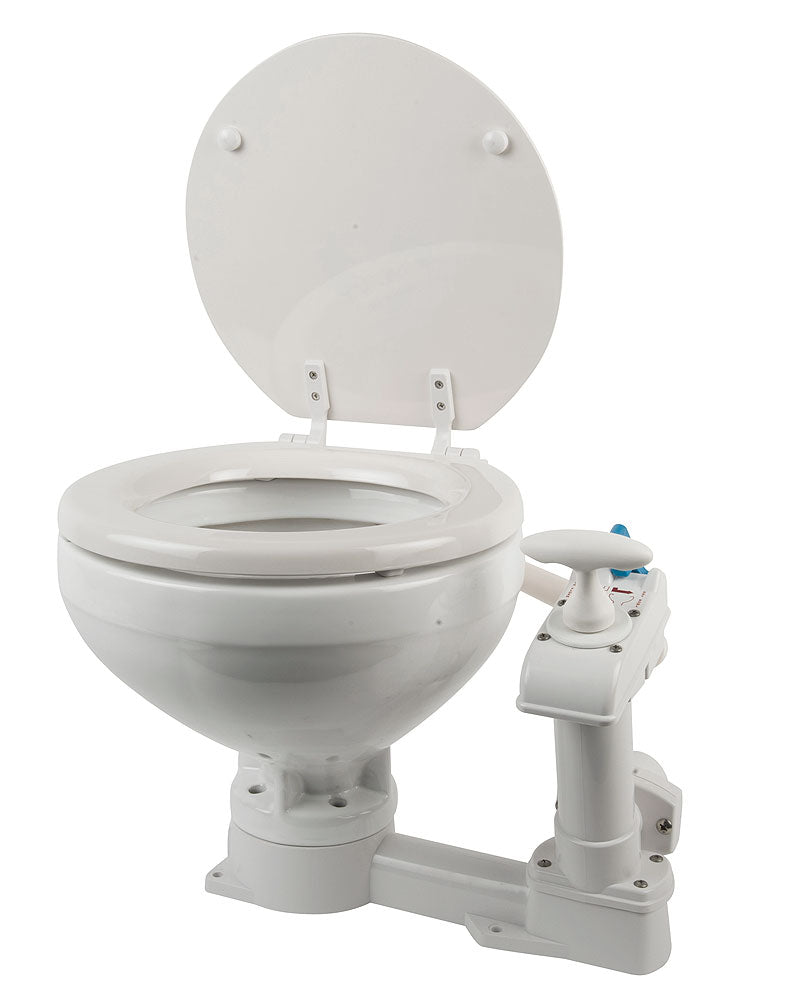 Compass manuelt toalett porselen soft close detalj av pumpe