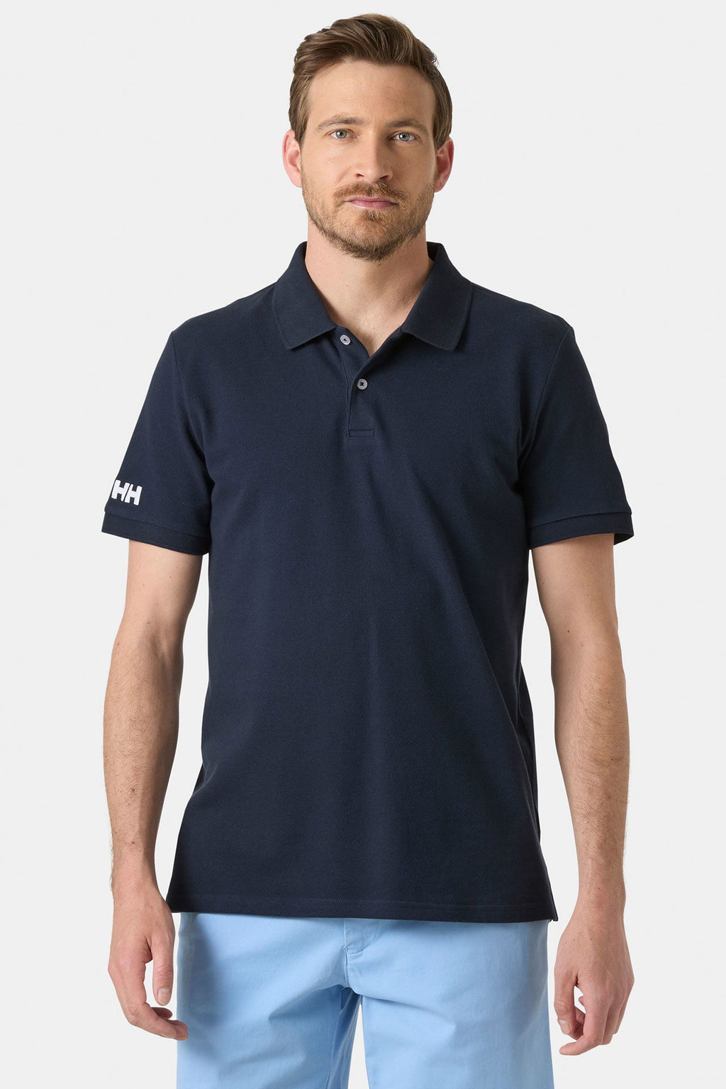 Crew polo bomull piqué for herre detalj av krage