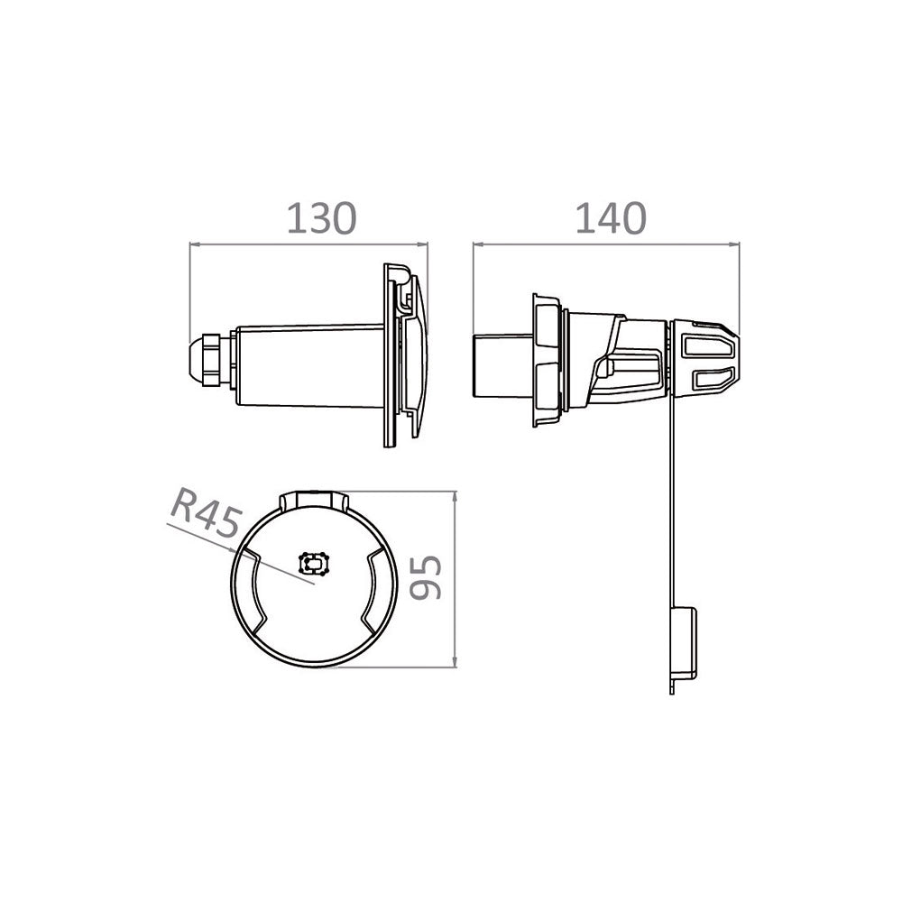 Cruiser 3-pin landstrømskontakt 16A 230V rustfritt lokk bakside