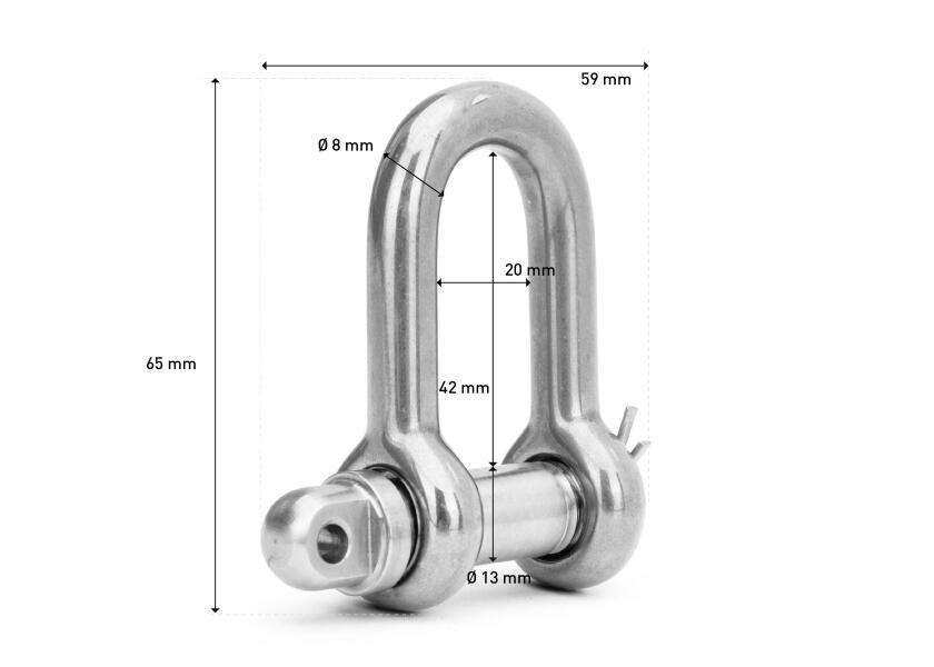 Montert D-sjakkel rustfritt stål med splittsikring 13 mm