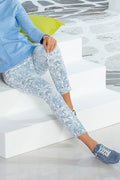 Dame 7/8-bukse med blomstertrykk 5-lommer stretch forfra