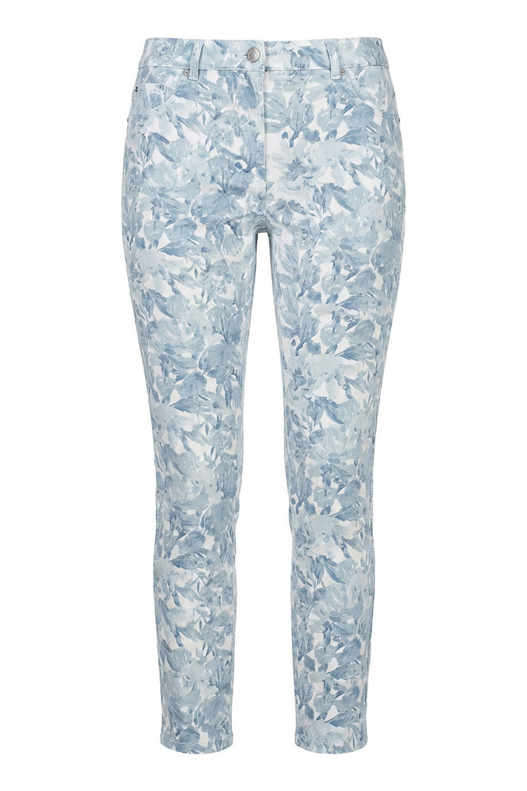 Dame 7/8-bukse med blomstertrykk 5-lommer stretch detalj av stoff