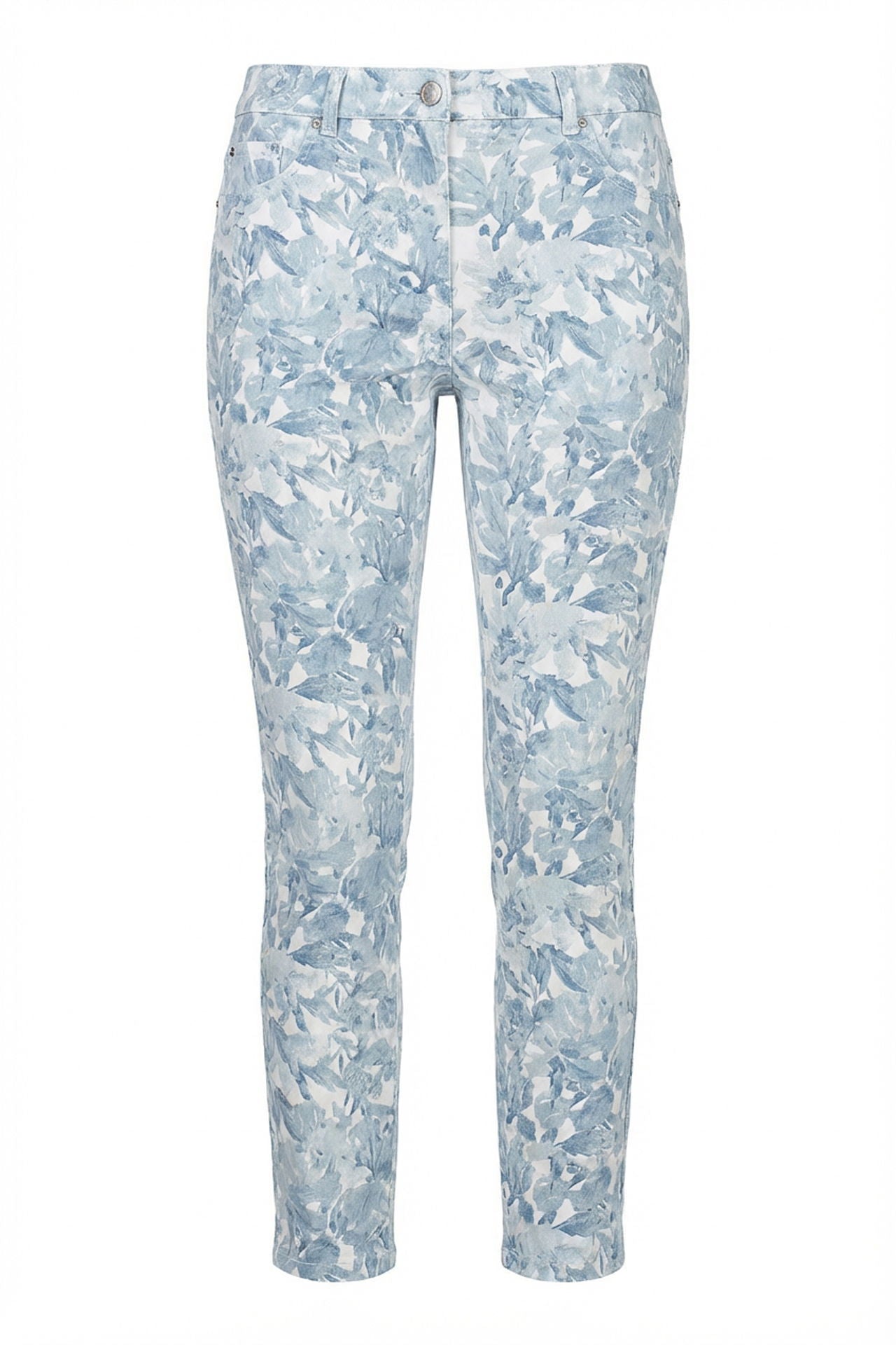 Dame 7/8-bukse med blomstertrykk 5-lommer stretch detalj av stoff