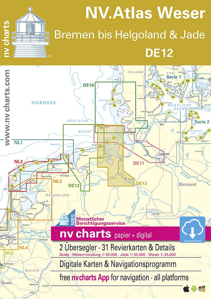 DE 12 NV. Atlas Weser sjøkart papir og digital for navigasjon