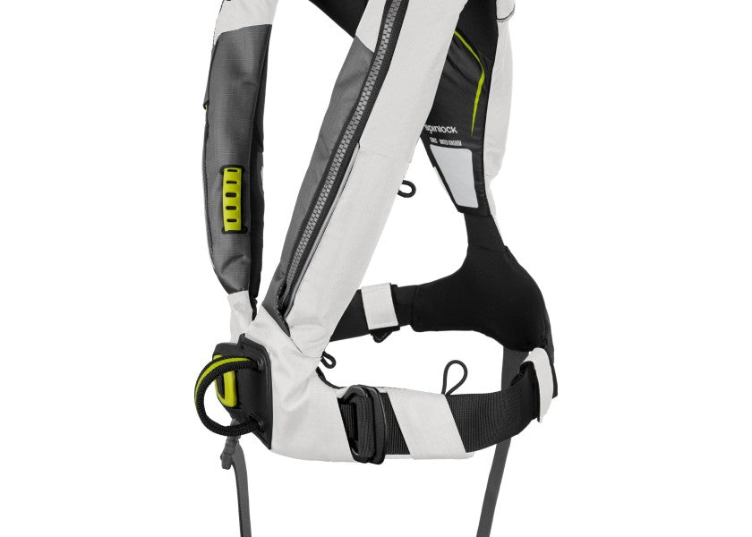 Deckvest 6D automatvest 170N hvit/svart med sele nærbilde