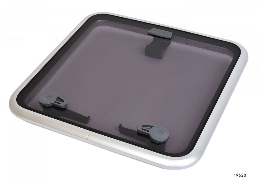 Dekksluke aluminium 556 x 556 mm røykgrå akryl trinnløs åpning Bavaria forfra
