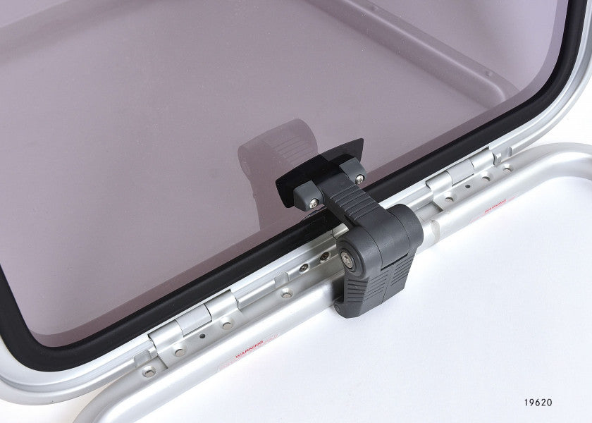 Dekksluke aluminium 556 x 556 mm røykgrå akryl trinnløs åpning Bavaria montert