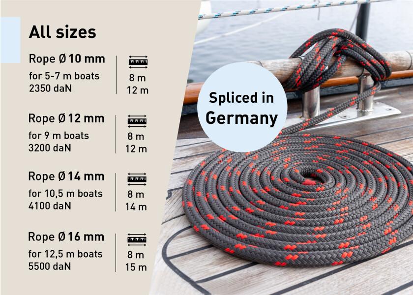 DOCK-FLEX fortoyningsline med oye antrasitt rod polyester dobbeltfletting knute