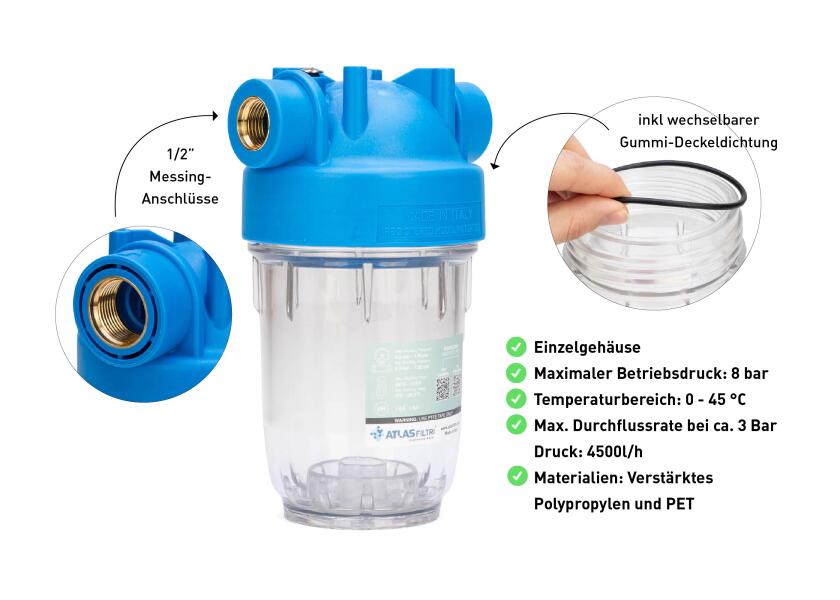 Drikkevannsfilter 5" enkelt filterhus uten manometer liten - ATLAS emballasje