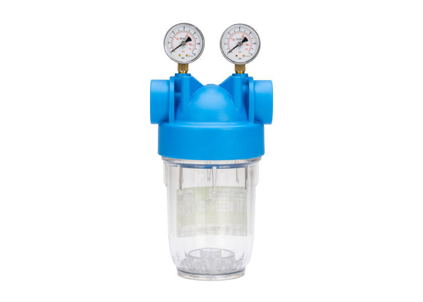 Drikkevannsfilter 5" enkelt filterhus med manometer liten - ATLAS forfra
