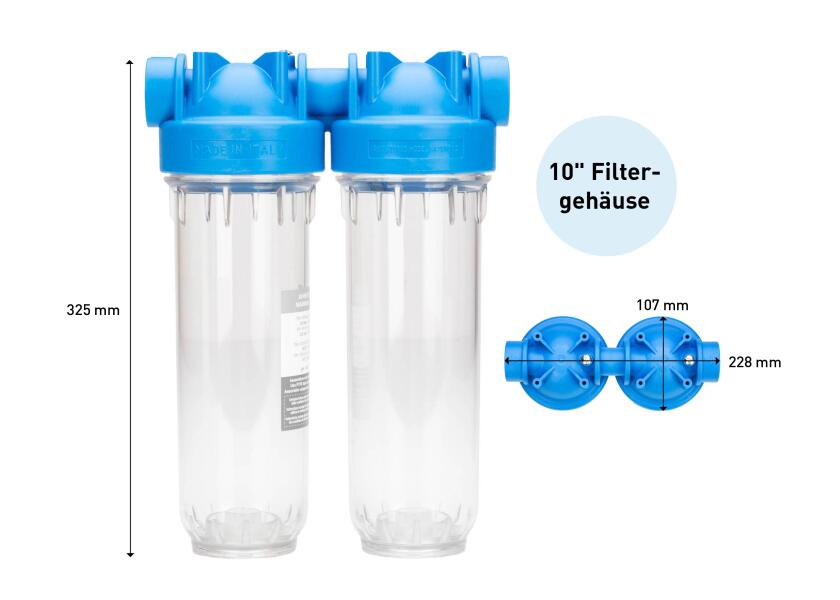 Filterhus og patroner på Drikkevannsfilter-sett 300 l/t 10" dobbelt hus