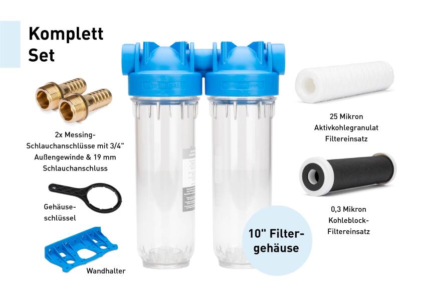 Pakkeinnhold for Drikkevannsfilter-sett 300 l/t 10" dobbelt hus