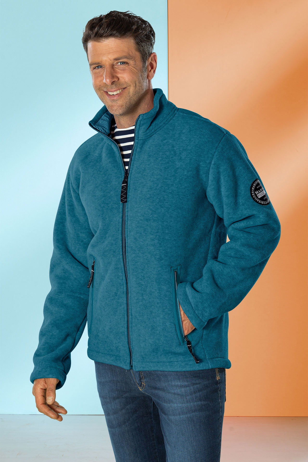 Fleecejakke herre 2-lags bondet fleece vindtett Marinepool detalj av krage