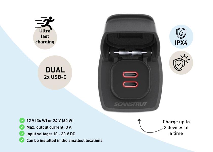 Flip Pro Max dual USB-C ladeuttak med strømindikator