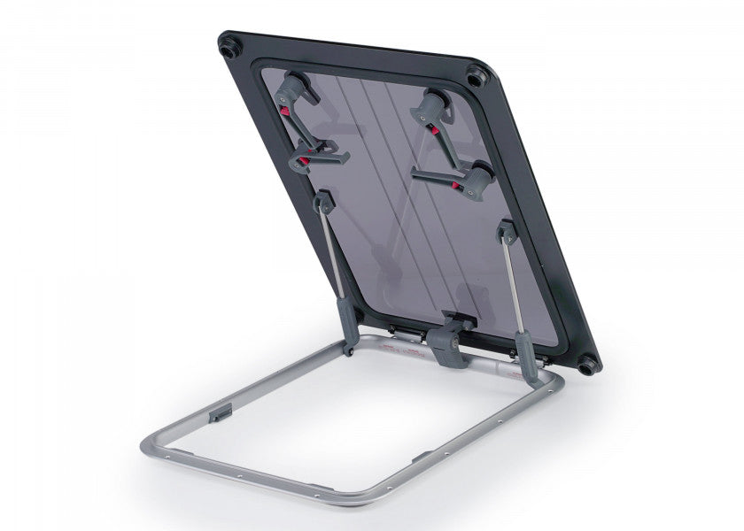 Flush Hatch dekksluke L 760 x 575 mm aluminium akryl røykgrå forfra
