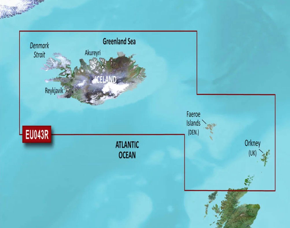 Garmin BlueChart g3 HXEU043R Island til Orkney microSD sjøkart forfra